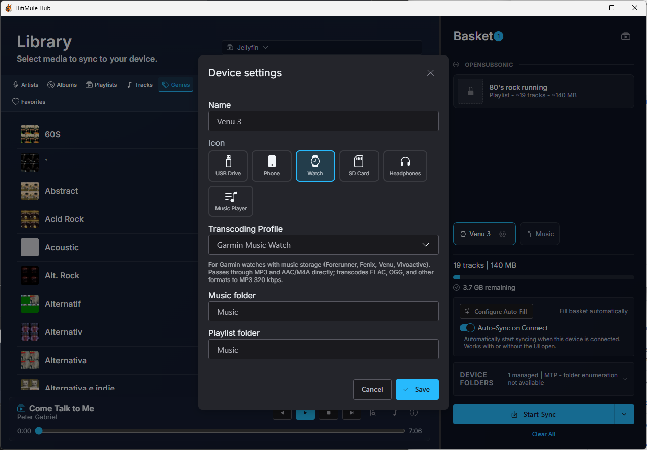 Device settings modal