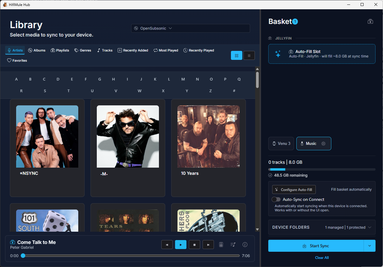 Artist library with an empty sync basket