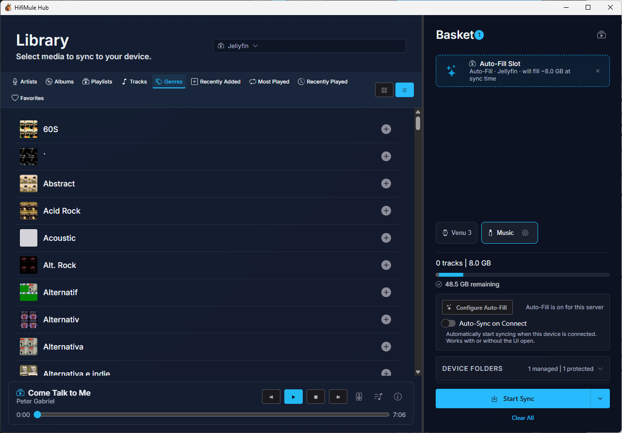 Genre library view with device controls
