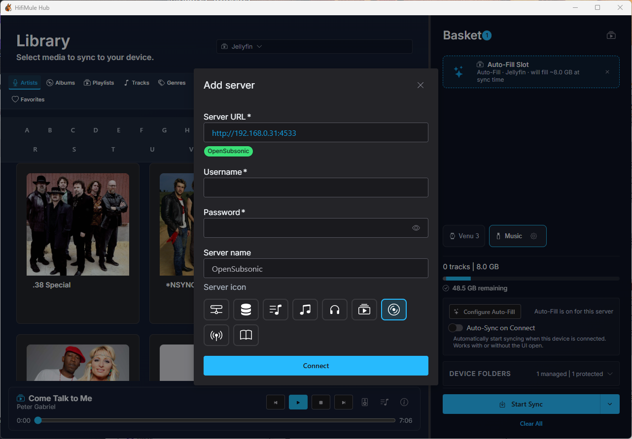 OpenSubsonic server detected on the login screen